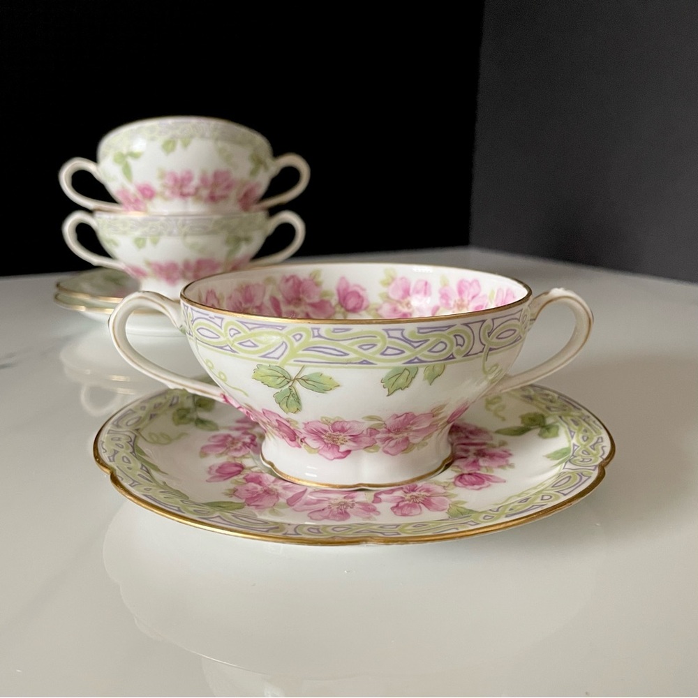 SET of 3 Pink & Green Floral Bouillon Cups & Saucers - Haviland Limoges